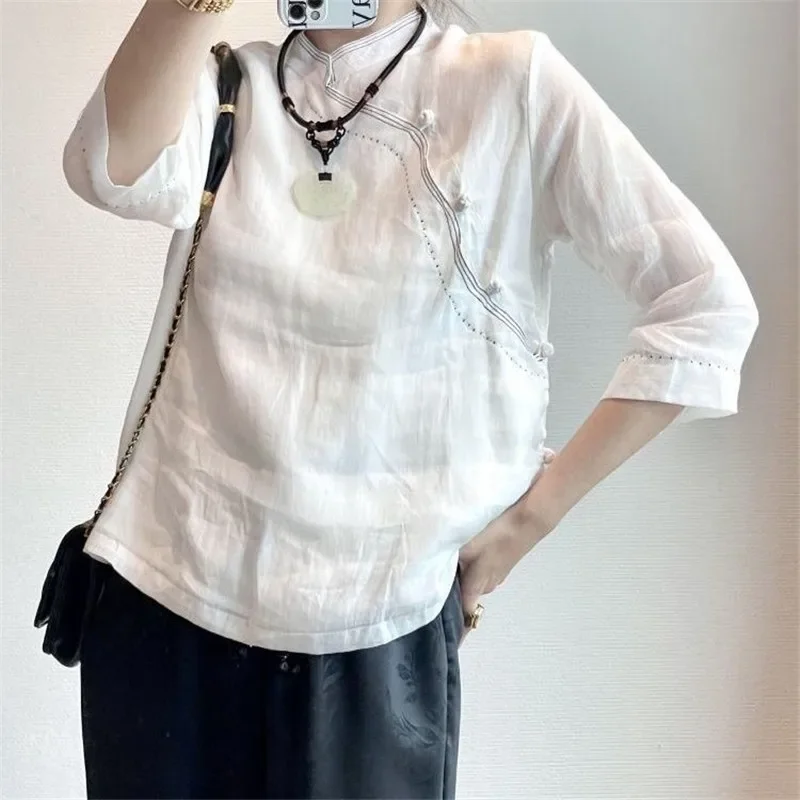 Chinese Style Ramie Blouse Women Retro Stand Collar White Shirt Autumn Slanted Button 3/4 Sleeve Tea Womens Clothing