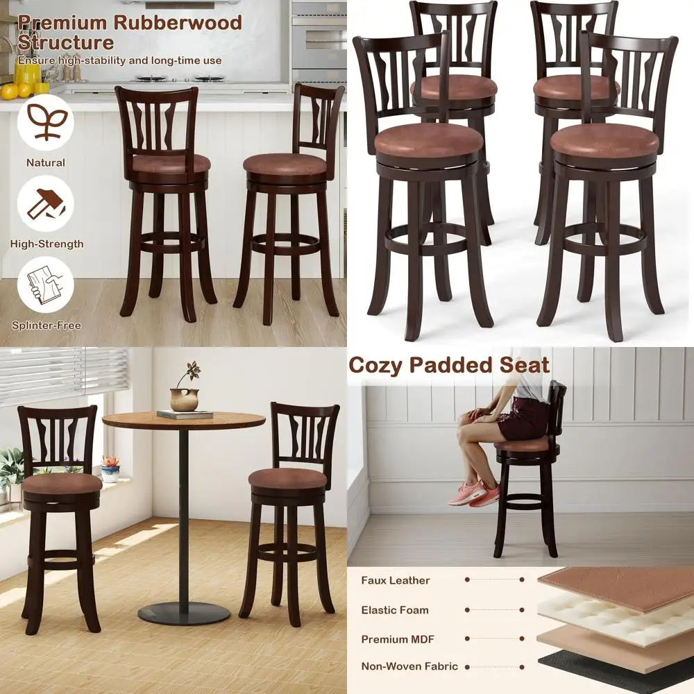 

Набор из 4 барных стульев высотой 30 дюймов, поворотные высокие стулья с спинкой и сиденьем из искусственной кожи, барные стулья из каучукового дерева для кухонного острова