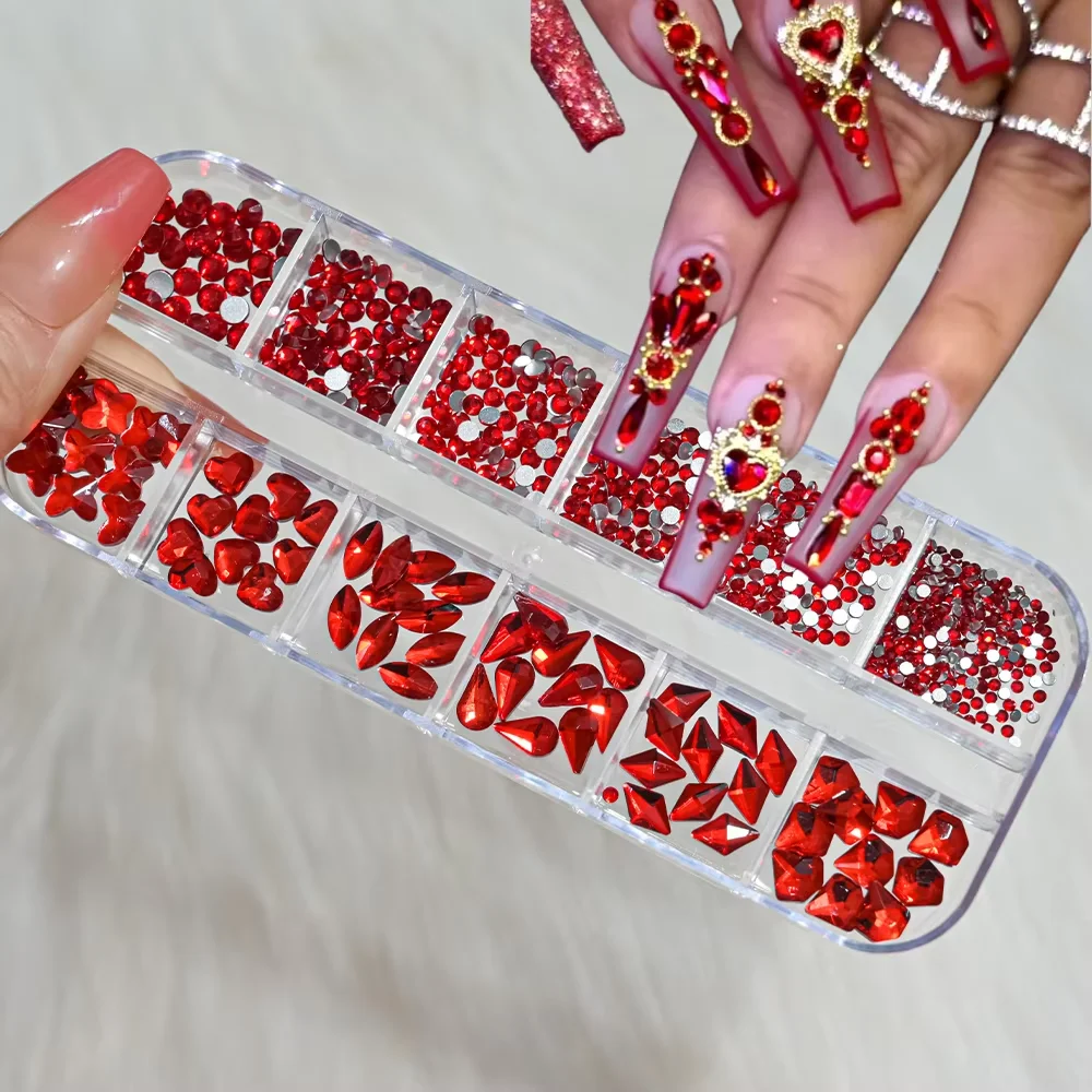 12 Gitter 3D-Nagelkunst-Strass-Steine mit flachem Boden, quadratische Rhombus-Nagelkunst-Charms, fünfzackiger Stern/Herz, gemischte Formen