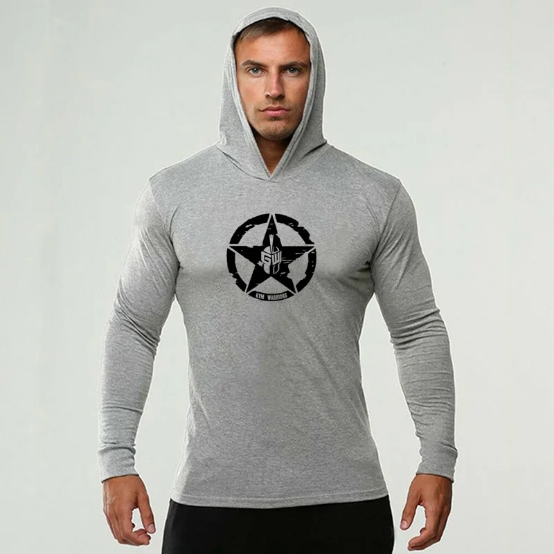 Men\'s Fashion Sportswear Fitness Hooded T-Shirt Mens Long Sleeve Bodybuilding Tee Shirt Man Gym Jogger Sweatshirt Workout Tshirt