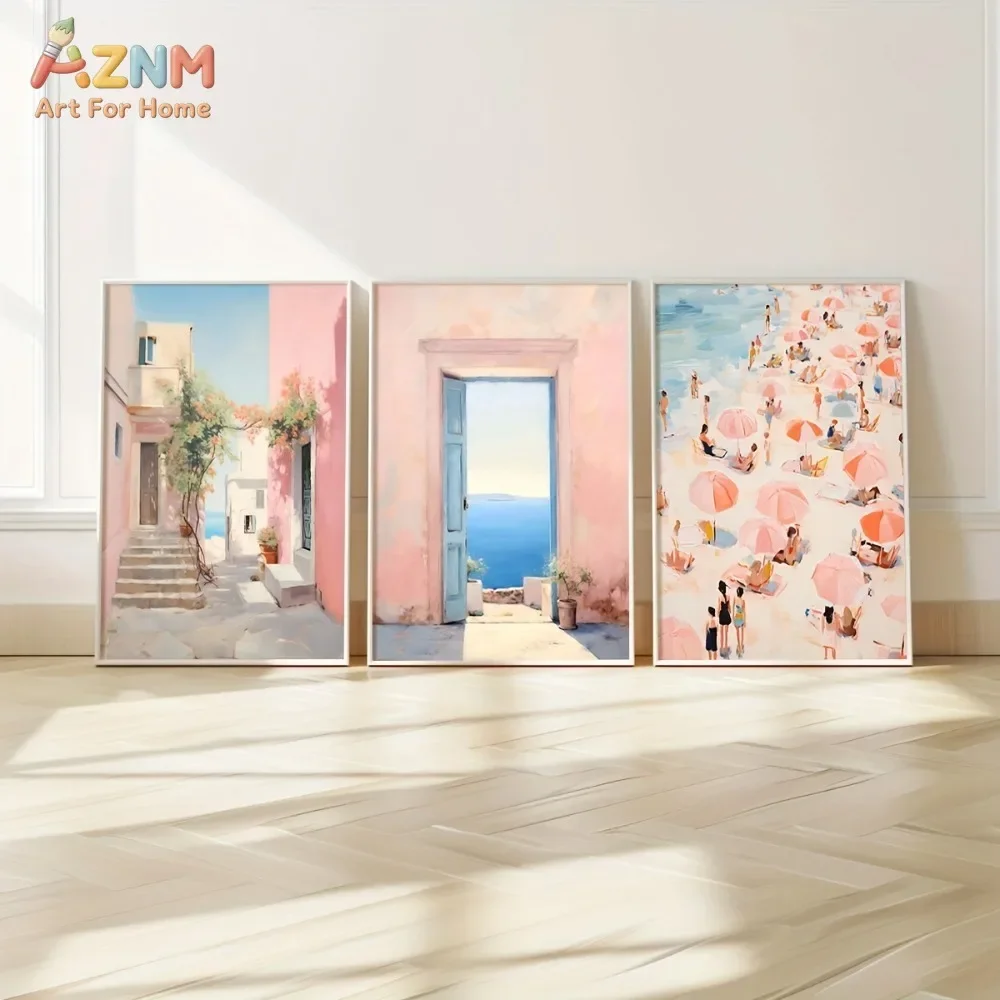AZNM Frameless Canvas Poster Pastel Greece Santorini Print, Mediterranean Street Pink Building Beach Umbrella Oil Painting Style