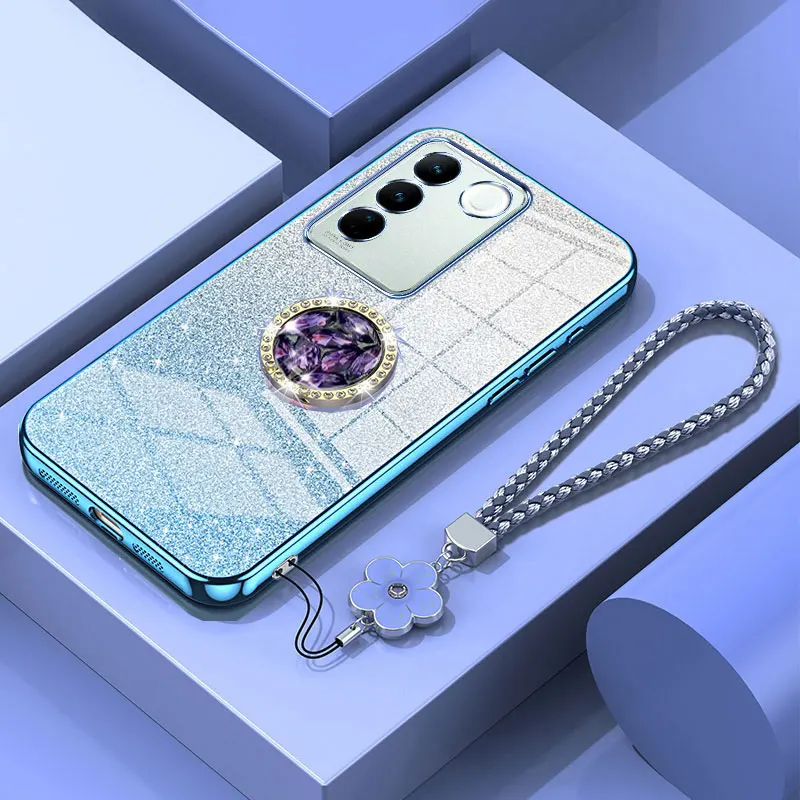 V40se Luxury Diamond Holder Case For Vivo V40 SE V27 V29 V30 Lite Pro V27E V29E Bling Glitter Shockproof Lanyard Cover Case Y77