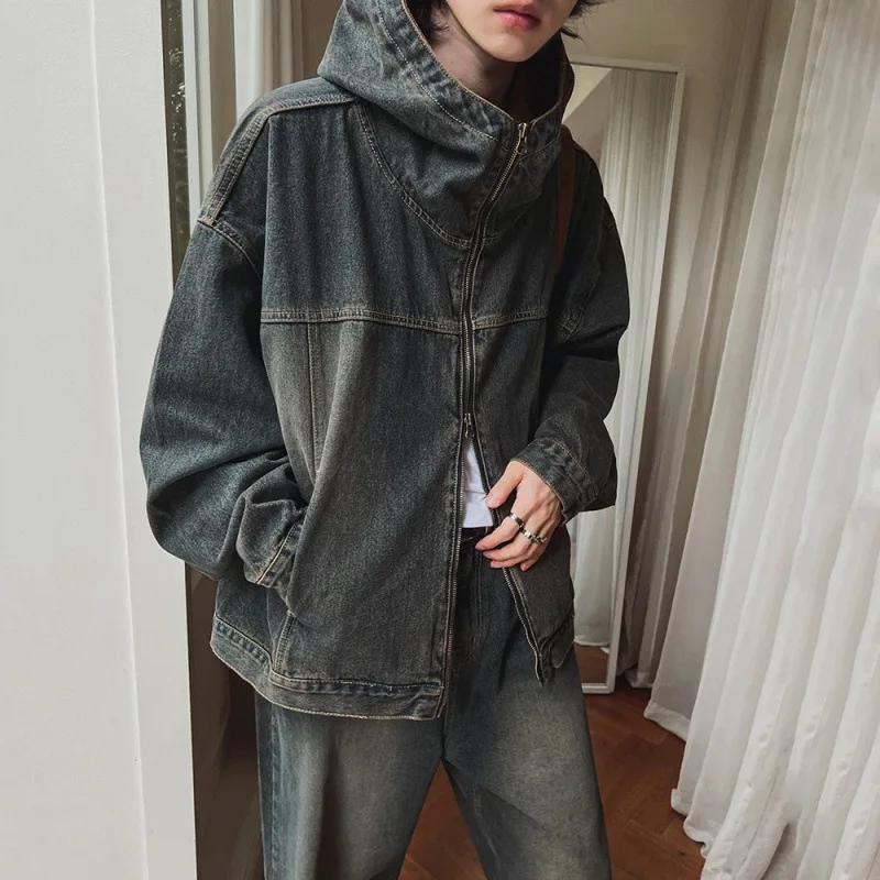 High Street Retro Zipper Denim Jacket for Men Fashion Korean Style Loose Hooded Jacket Coats+baggy Jeans Suit Y2k Streetwear Men