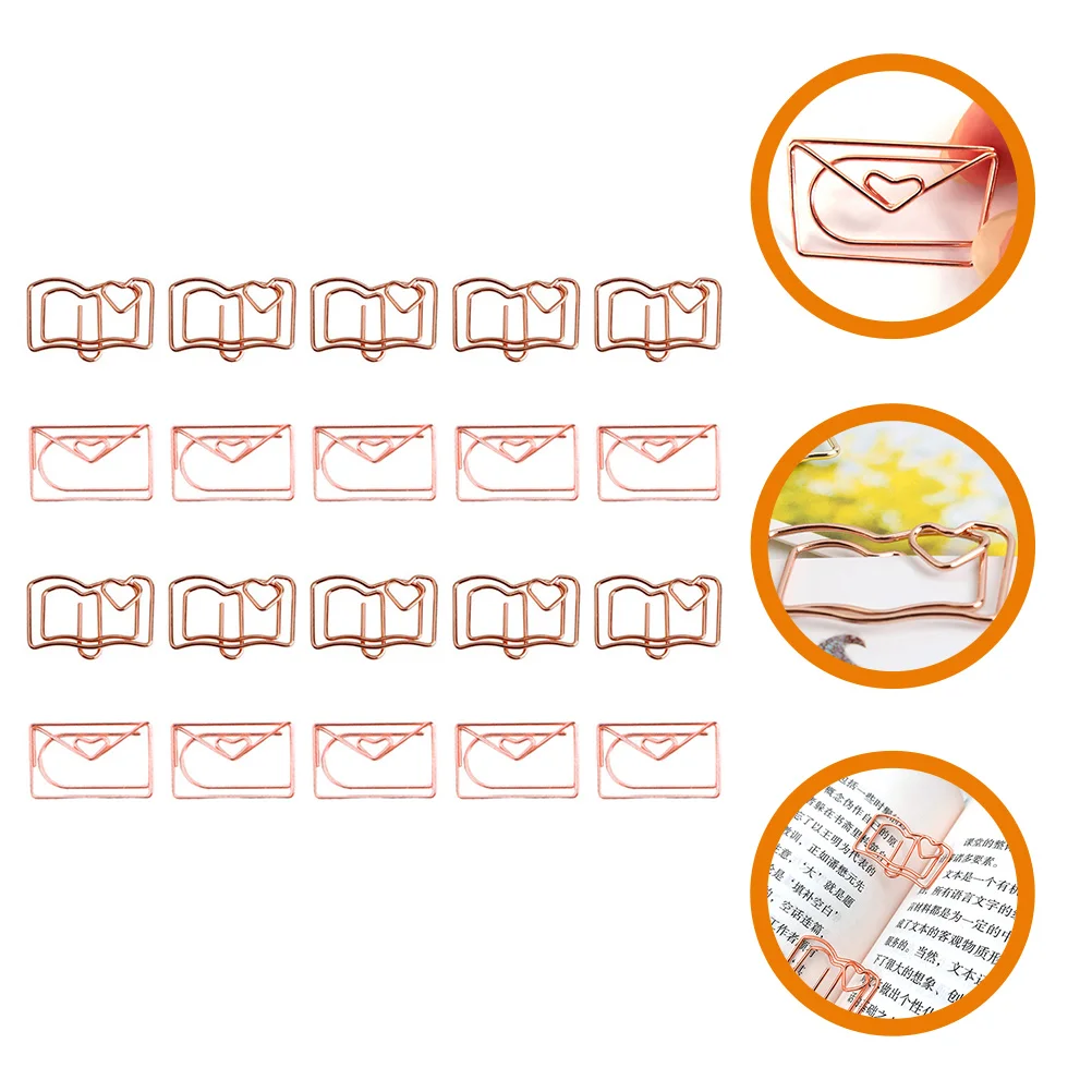 

20 Pcs Book Envelope Cute Paperclips Unique Shape Decorative Practical Rose Gold Fancy Office