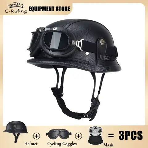 Casco importato dalla Germania DOT Caschi in acciaio vintage della seconda guerra mondiale tedesca Mezzo casco da motociclista Mezza copertura in pelle Locomotiva