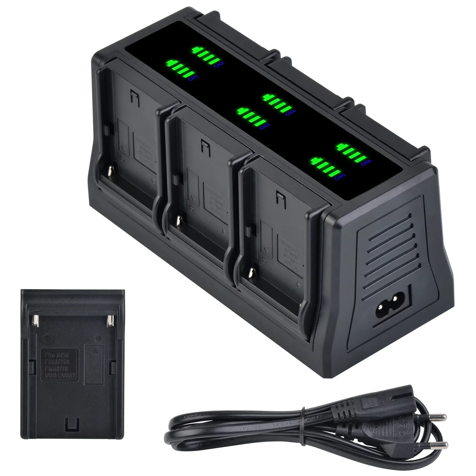 Fast Charger for NP-F970, NP-F960, NP-F750, NP-F550, NP-FZ100, LP-E6, EN-EL15, NP-W235, 6-Channel Charger with Changeable Plate