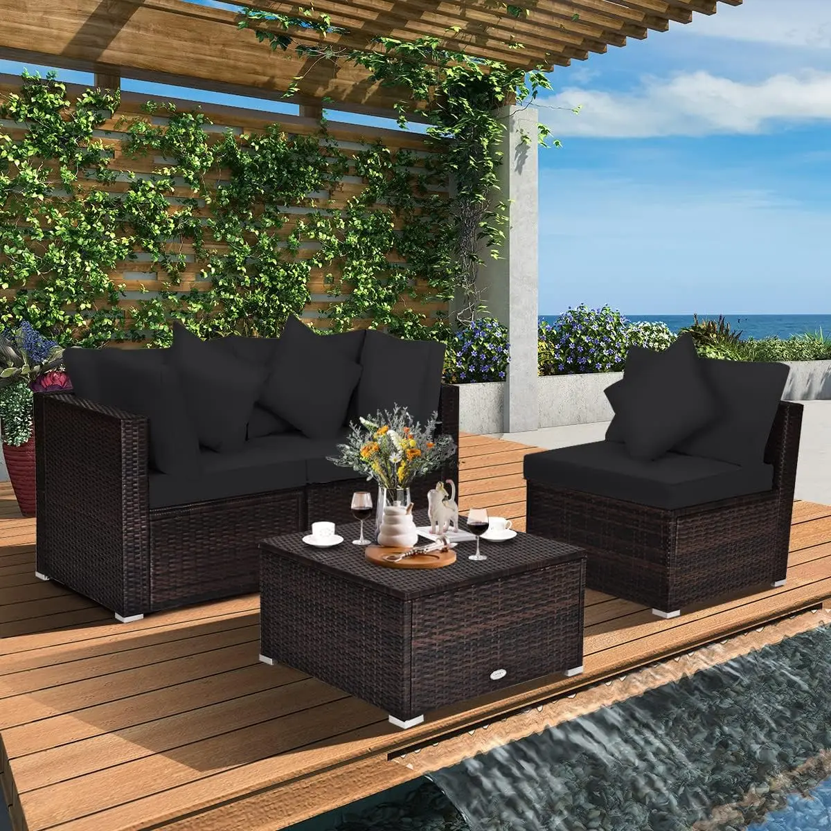 4 PCS Patio Rattan Sofa Set, Outdoor Wicker Sectional Furniture Set, Patio Conversation Set with Removable Cushions & Pillows