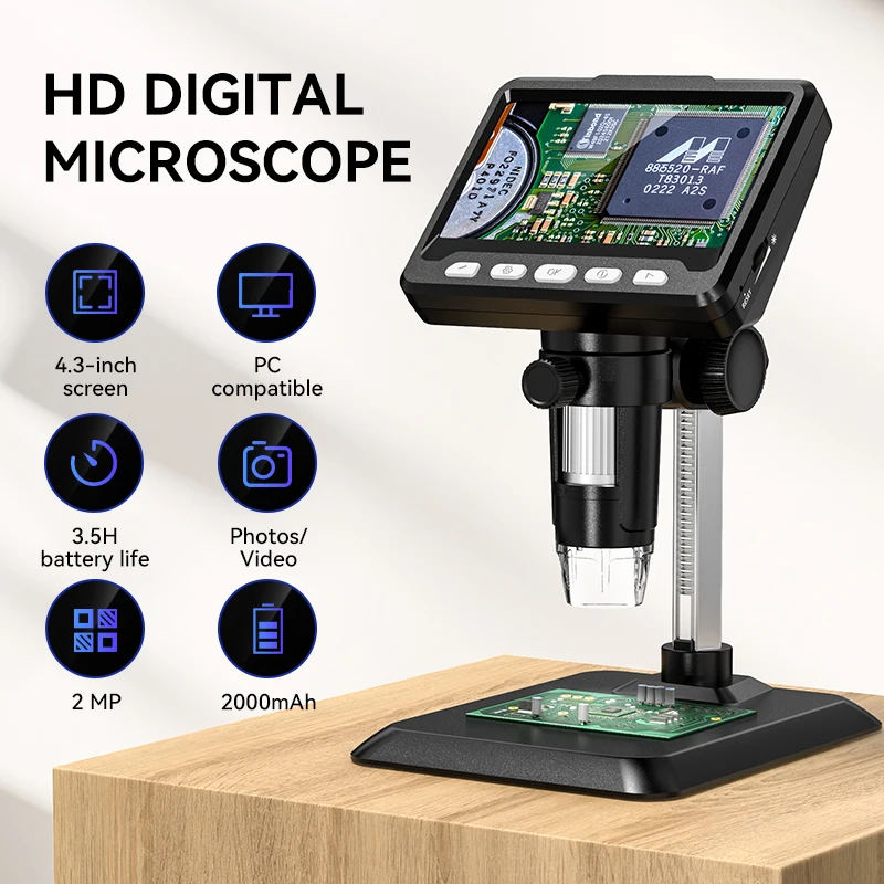 4.3'' Digital Microscope 50X-1000X Built-in Storage 1080P Coin Microscope Magnifier 8LED Electronic Video Microscopes for Repair