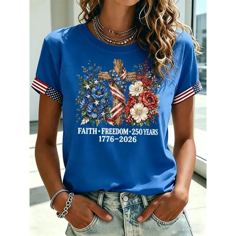 ilstile Women's America 250 Years Print T-Shirts Summer Short Sleeve Casual O-Neck Tops Black Blue White Red Tees NEW
