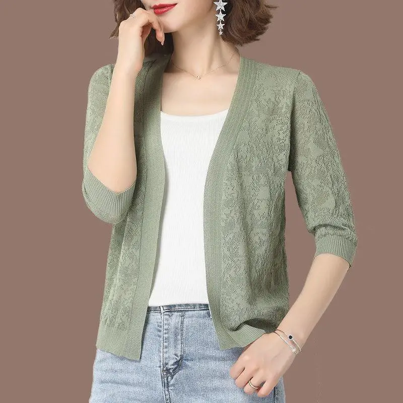 Cárdigan de punto de media manga con encaje, chaqueta elegante coreana, Tops ahuecados con protección solar, talla grande 5xl, novedad de verano