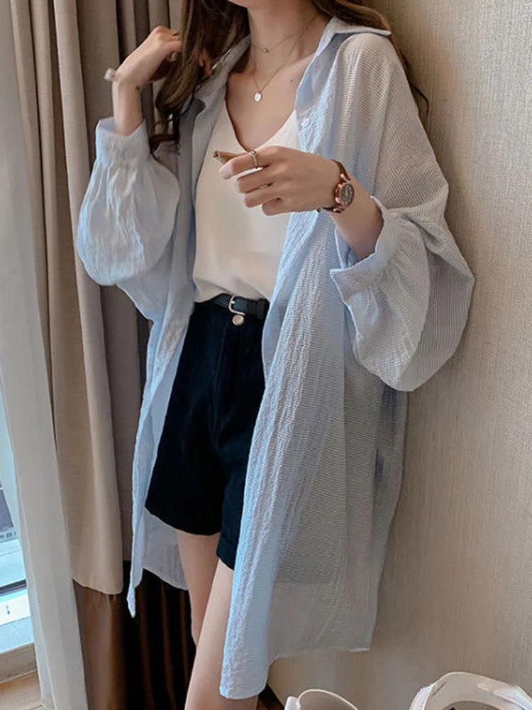 ZOKI Thin Summer Women Long Shirts Long Sleeve Loose Korean  Oversize Sun Protection Shirt Fashion Button Casual Female Tops New