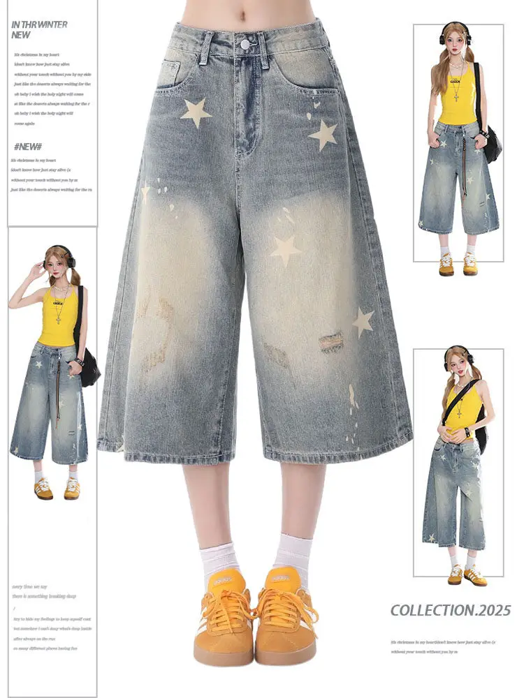 

Retro American Style Faded Denim Shorts Women's Summer New Loose Fit Star Print plus Size Ultra Popular Seven-Foot Pants