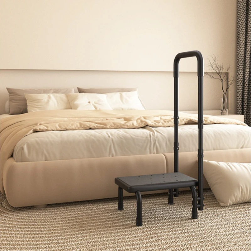 Single Layer Step Stools for Adults with Handles, Heavy Duty Bed Steps for Elderly, Adjustable Handrails Non-Skid Platform Black