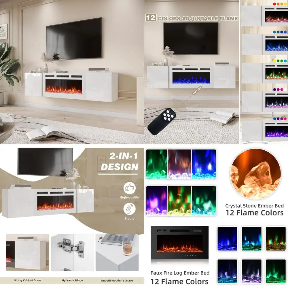 

70 Inch Modern Floating TV Stand with 36 Inch Electric Fireplace, High Gloss Entertainment Center