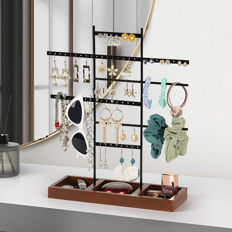 Large Seven-Layer Earrings Jewelry Rack Solid Wood Base Lipstick Storage Glasses Head Rope Bracelet Necklace Black Display Stand