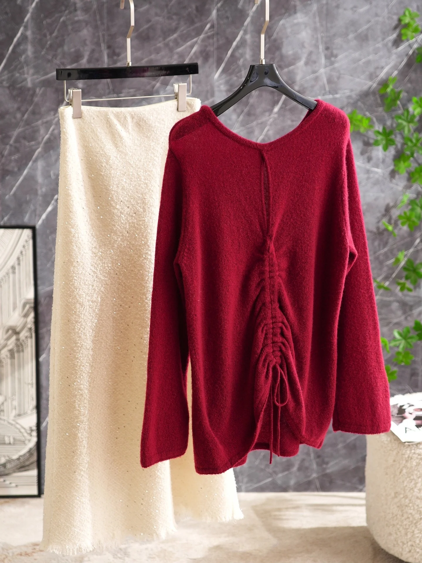 Year-End Party Must-Have Asymmetrical Design Red Drawstring Cashmere Wool Knitted Sweater Soft Commute Style Regular Fit