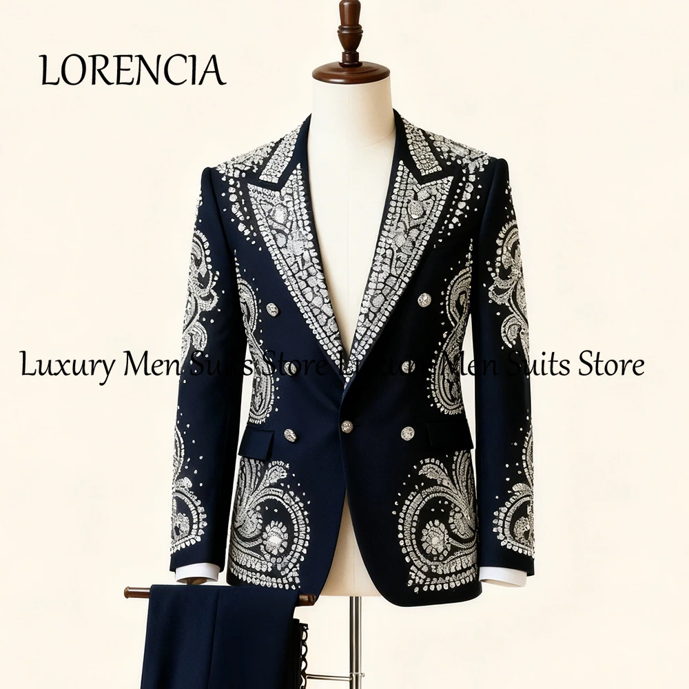 

Luxurious Rhinestone Men Suits 2 Pieces Peak Label Tuxedos Set Wedding Groom Outfit 2025 Customized Blazer Pants fatos de homem
