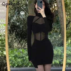 Sheer Mesh Splicing Black Dresses Women Design Halter Long Sleeve Autumn New Temperament Elegant Hot Girls Slim Wrap Hip Party