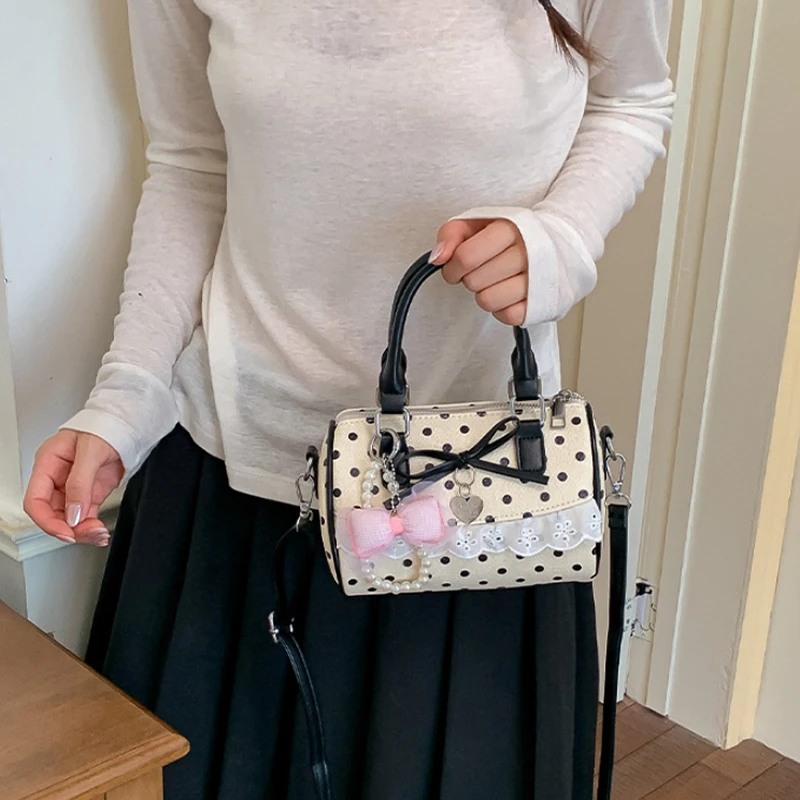 Koreanische Polka Dot Bowknot Patchwork Hobo Umhängetasche, Damenhandtasche, vielseitige, leichte, kleine quadratische Tragetasche für den Arbeitsweg – Detail 9