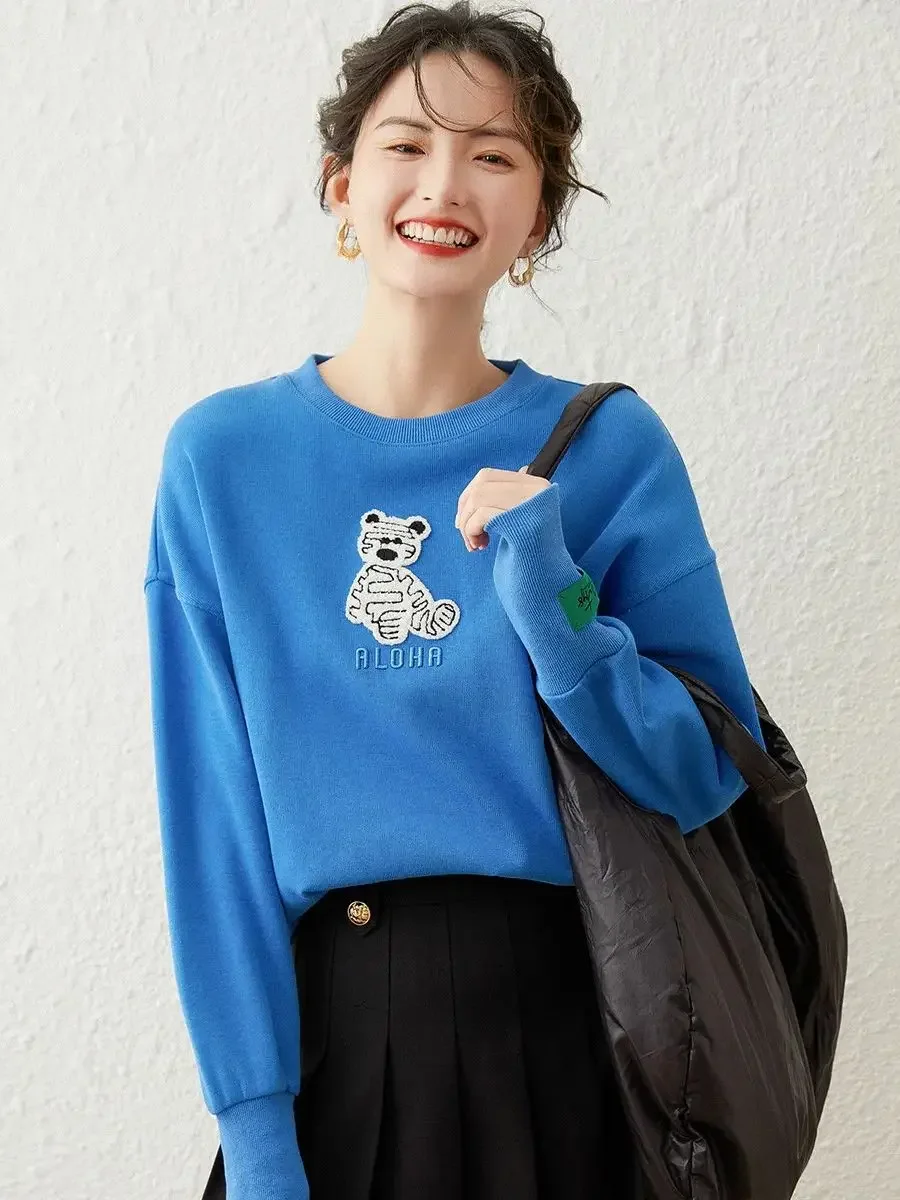 LOUIS YAO Women Hoodies Sweatshirt 2024 Spring Round Neck Long Sleeve Loose Fit 3D Cartoon Embroider Pullover Women\'s Top