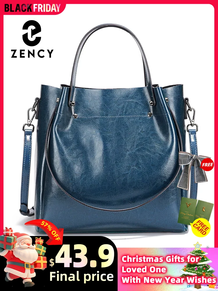 Zency Women Shoulder Bag Cowhide Leather Large Capacity Handbag Multifunction Use Crossbody Messenger Bag Bucket Shopper