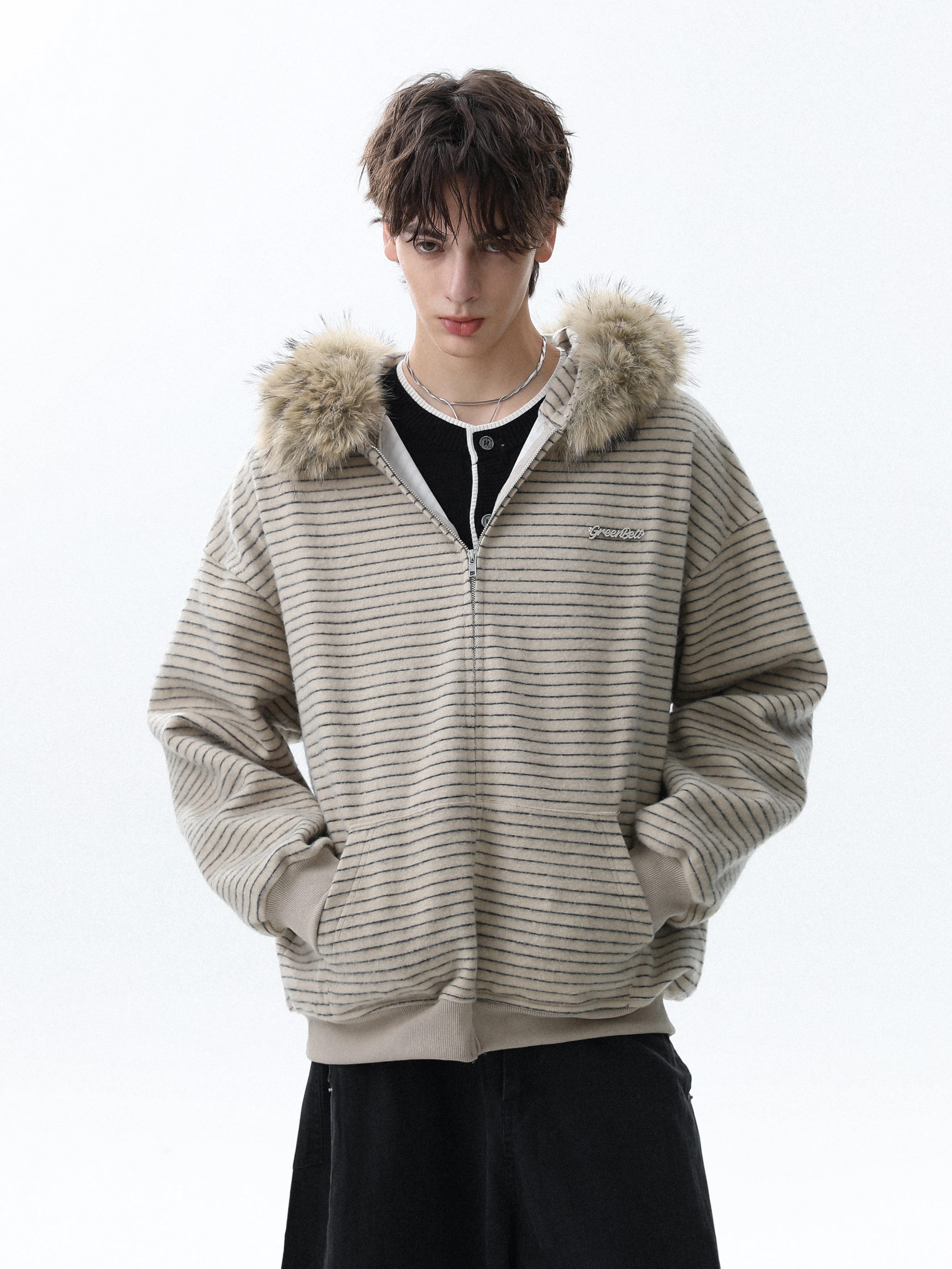 Autumn New American Style Trendy Striped Hooded Fur Collar Zipper Cardigan Loose Casual Youth Fashion Sweatshirt Jacket for Men