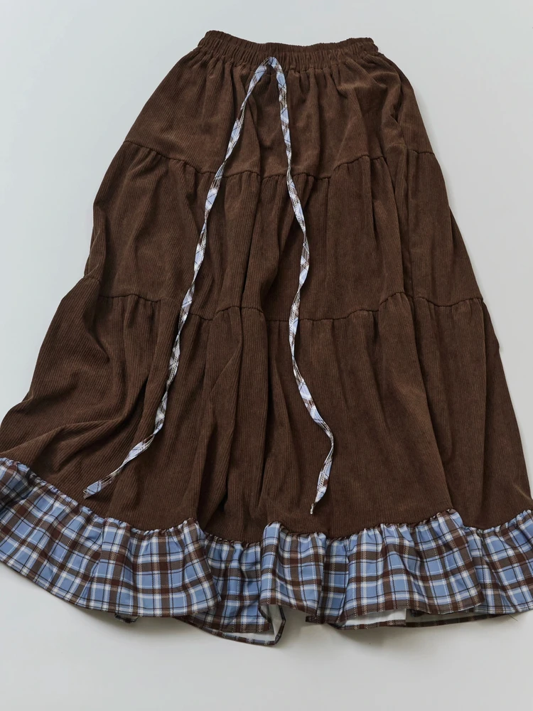 

Юбка LZoo винтажная, темно-коричневая, вельветовая, с клетчатыми вставками, дизайн «кейк», стройнящая, с завышенной талией, А-силуэт, повседневная одежда