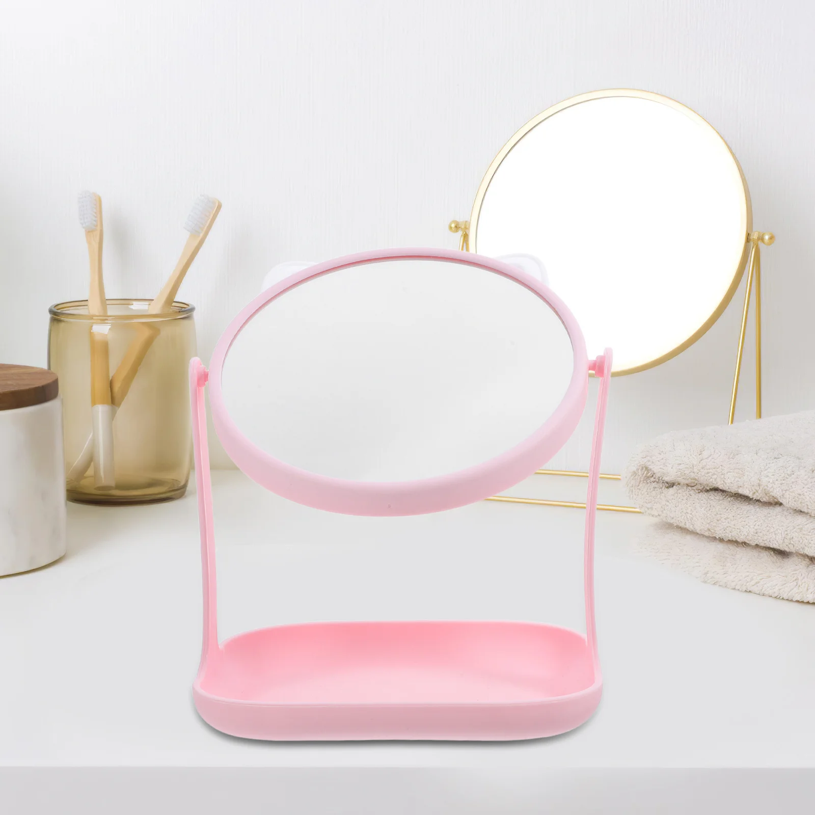 1Pcs Katze Ohr Kosmetik Spiegel Drehbare Desktop Make-Up Spiegel mit Ablage Langlebiges Material Neuheit Design