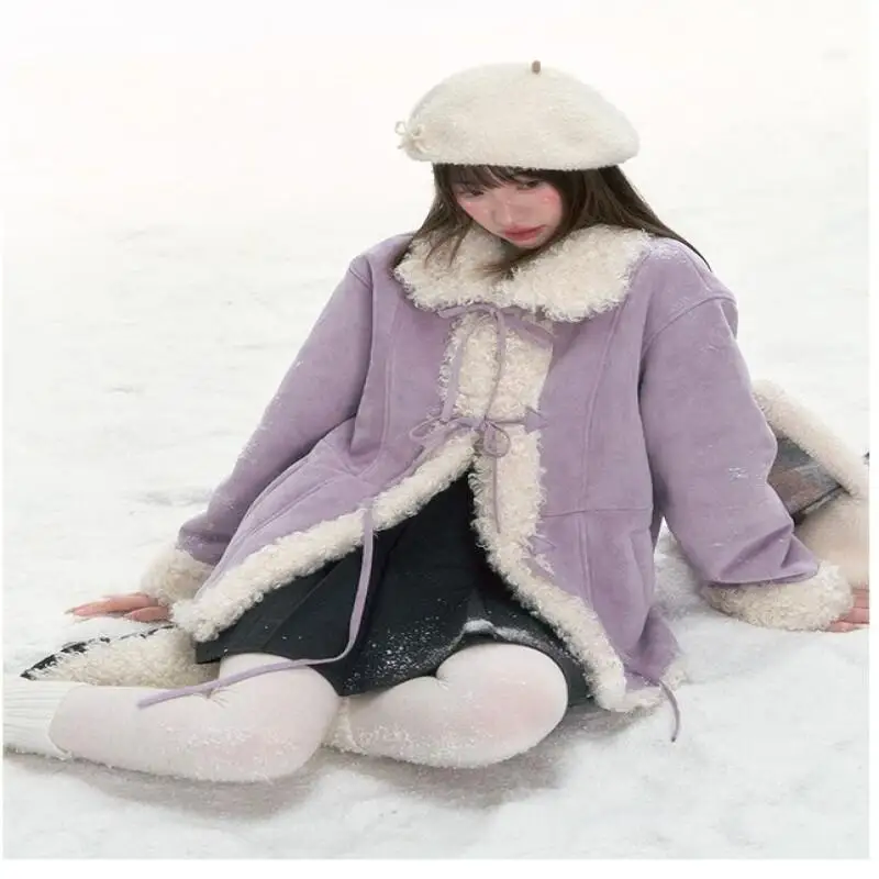 

Корейский стиль Таро Фиолетовый Универсальный Пояс для поездок на работу Хлопковое пальто Женское зимнее новое меховое внутри Теплая куртка Милая мода Kawaii