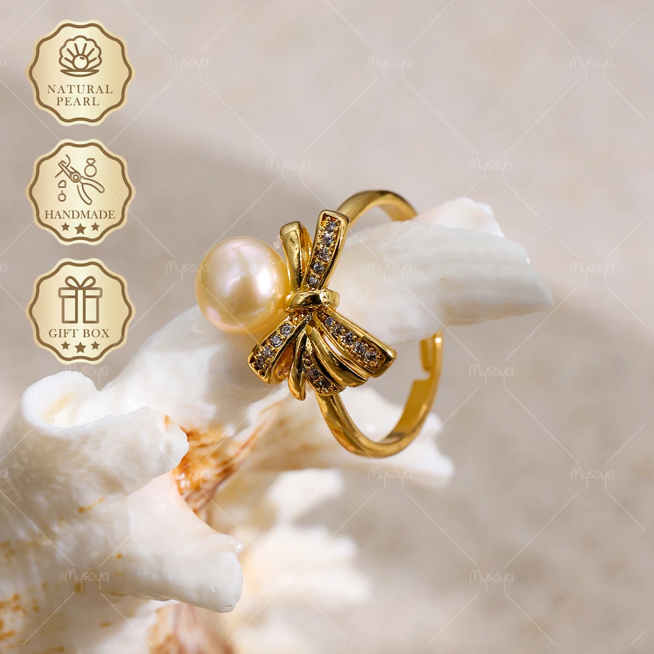 MYSOYA 6-7mm Freshwater Pearl Open Ring Gold Bow Ring, Gift Box, Birthday & Mother's Day Jewelry S406