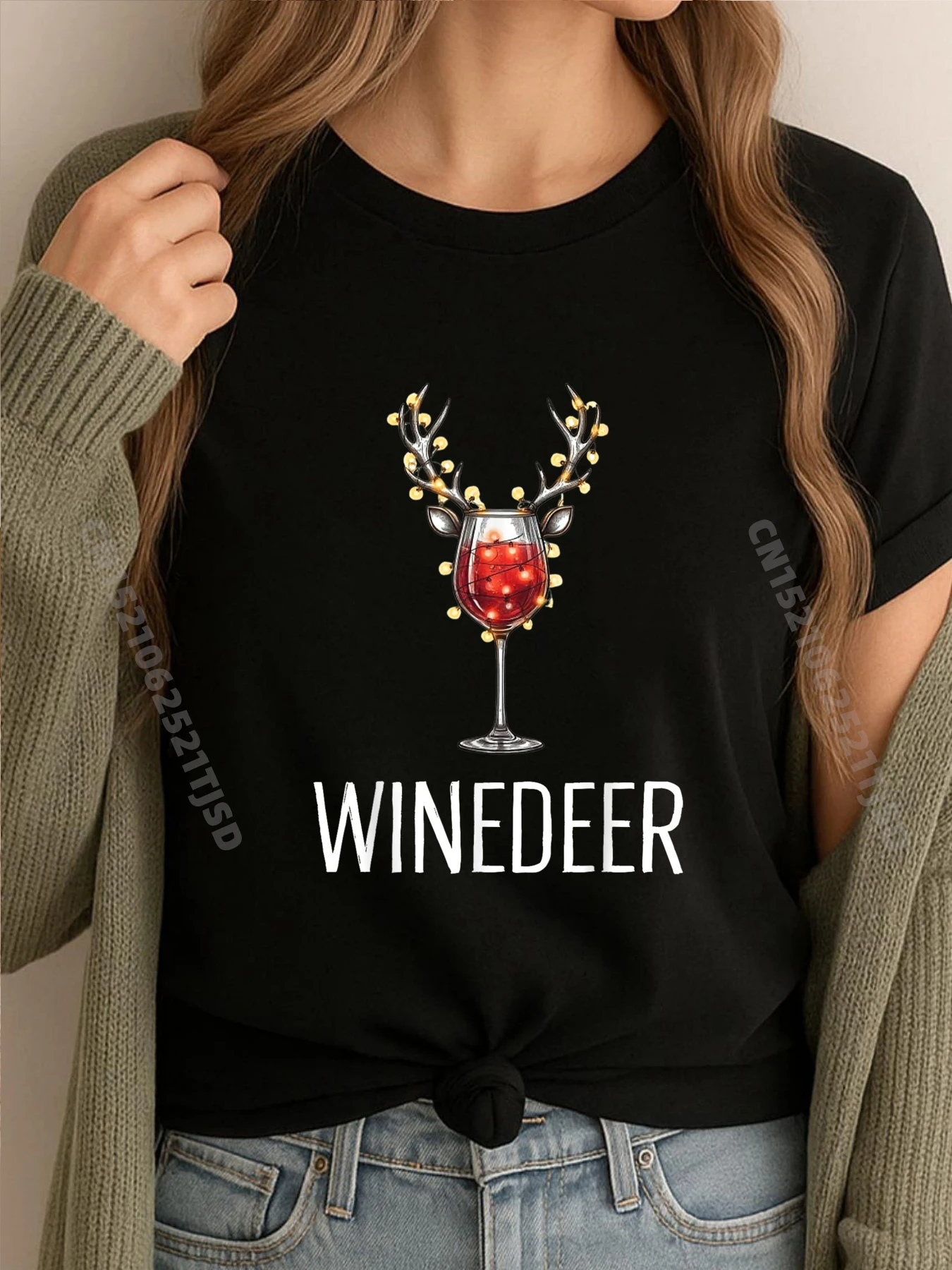 Winedeer Reinbeer سانتا قبعة الرنة زوجين عيد الميلاد مطابقة العلامة التجارية تي شيرت الرجال تي شيرت غسلها في الهواء الطلق