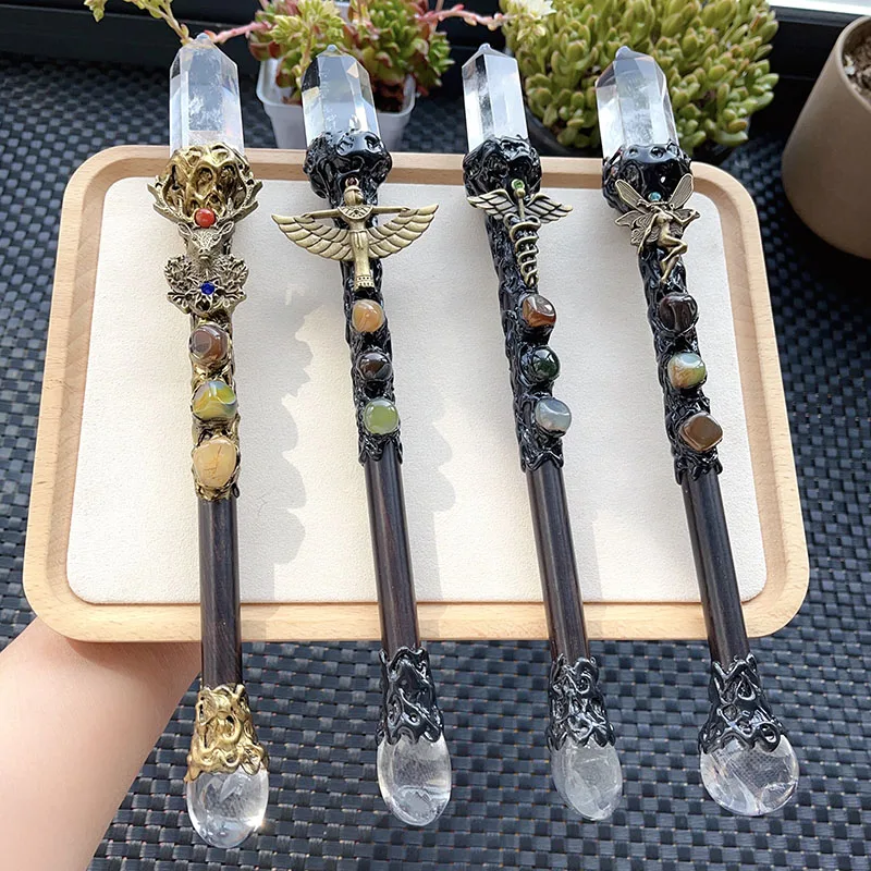 Natural Clear Quartz Point Power Scepter Craft White Crystal Agate Beads Resin Divine Wand Ceremonial Durid Wiccan Spell Casting