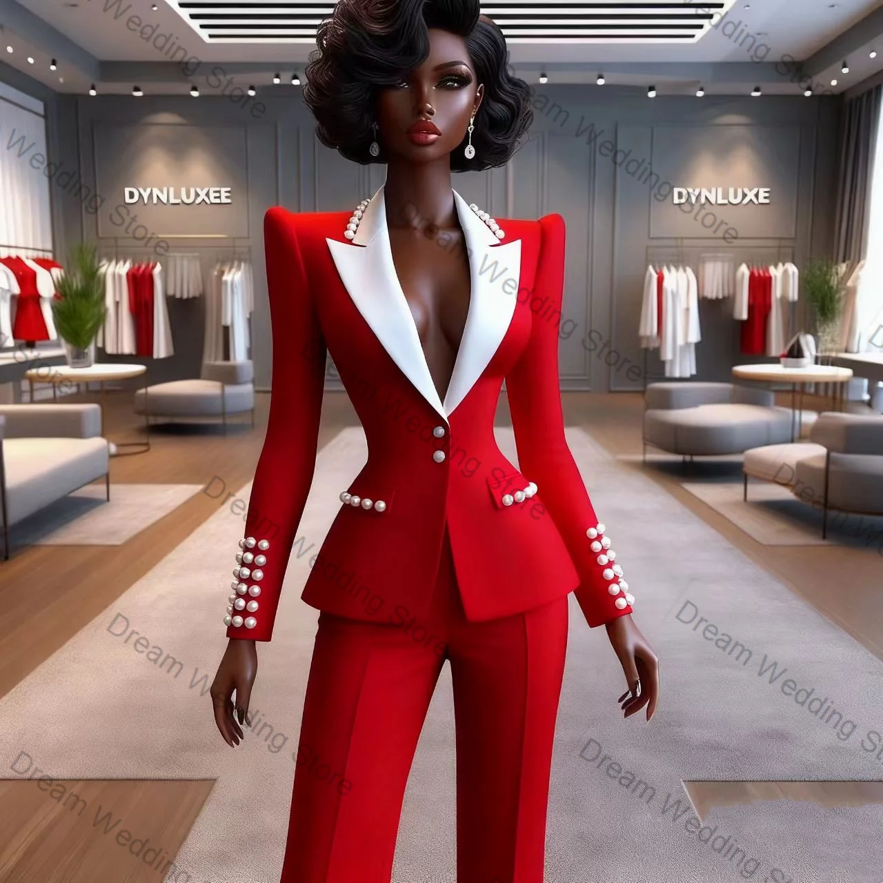 Perły Czerwono-Biały Damski Garnitur 2-częściowy Marynarka+Spodnie Bawełniane Formalny Biurowy Żakiet Damski Personalizowany Płaszcz dla Gościa Weselnego