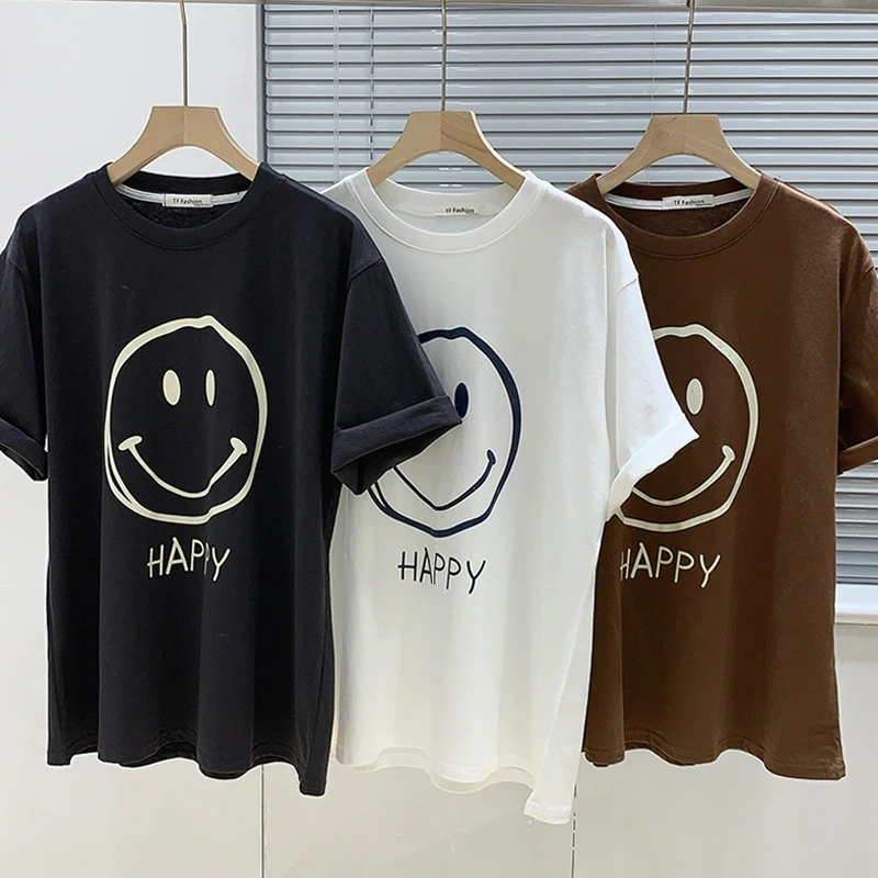

Блузка женская с коротким рукавом, круглым вырезом и надписью «smiley»