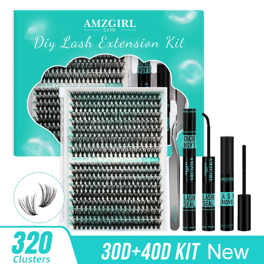 Amzgirl 320pcs DIY Lash Extensions Cluster Lashes Fast Apply at Home with Lash Glue Bond and Seal Remover Segment Eyelashes