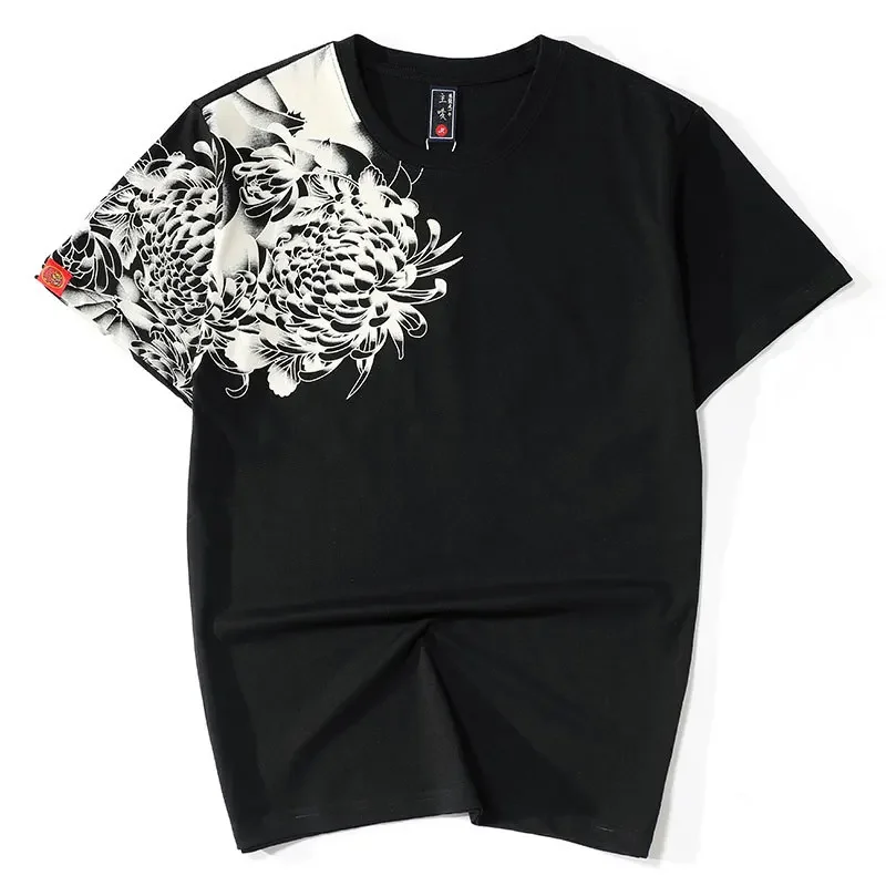 Lyprerazy Harajuku Japanese T Shirt Wave Carp fish Flower Embroidery Black Streetwear 100% Cotton Hip Hop Print T-Shirts