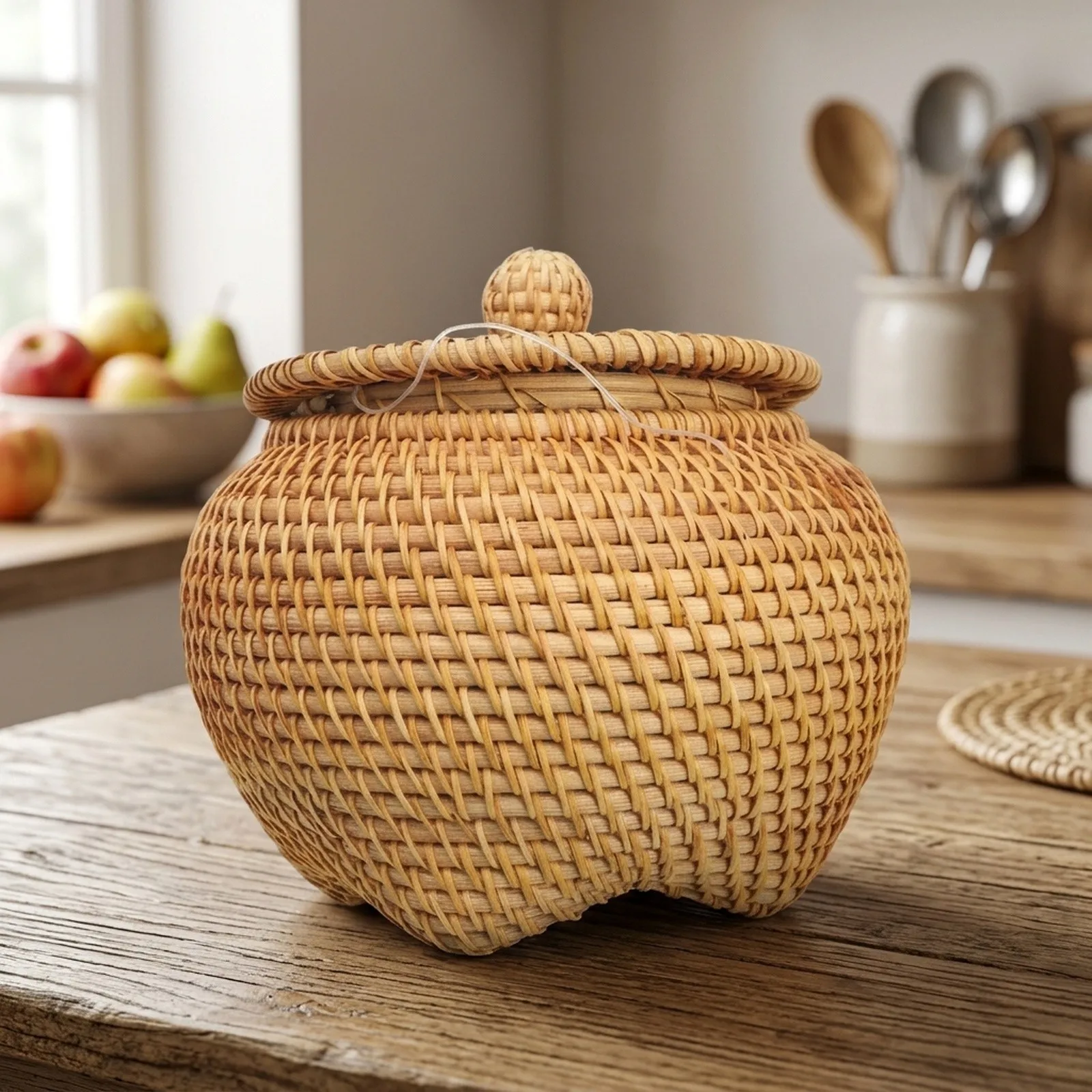 Rattan Storage Basket with Secure Lid for Fruit Snack Candy and Small Object Organization in Kitchens Pantries Living Areas