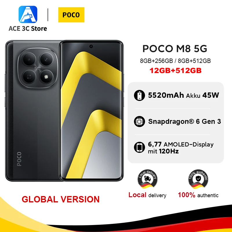Versión Global POCO M8 5G 512GB 256GB Snapdragon 6 Gen 3 Smartphone Pantalla AMOLED de 6.77" Cámara de 50Mp Batería de 5520 mAh 45W Teléfono Celular Xiaomi
