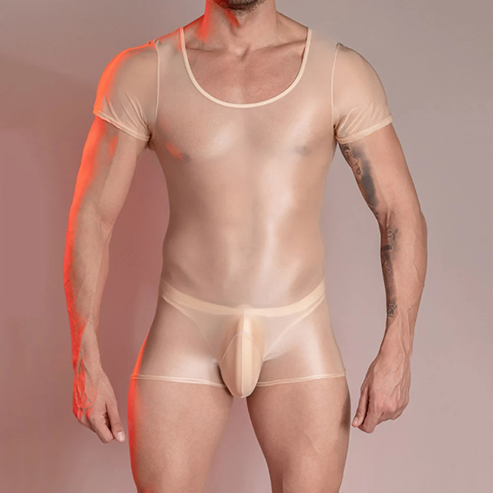 

Men Sheer Translucent Bodysuit High Stretchy Leotard Solid Short Sleeve Jumpsuit Breathable Lightweight Erotic Lingerie