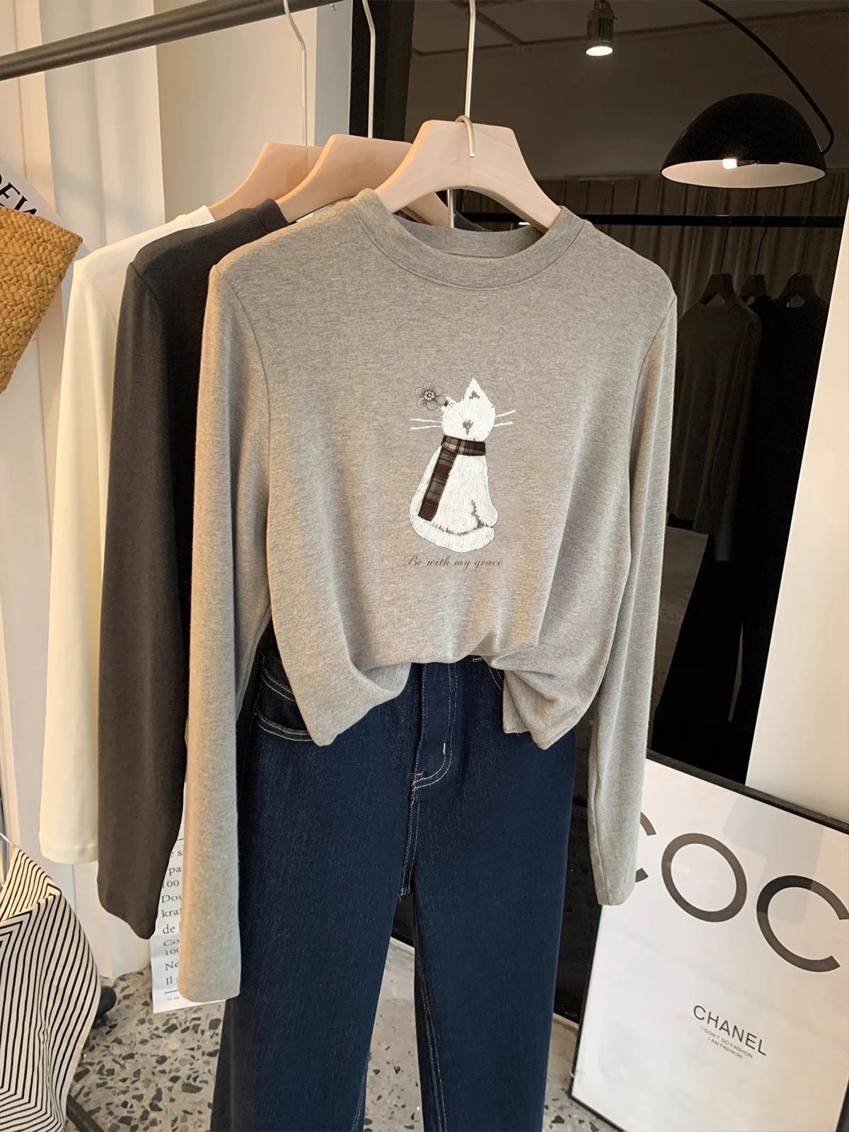 Warm Fleece Long Sleeve T-Shirt Women's Autumn Winter New Fashion Versatile Print Brushed Base Shirt Top Casual Style Cotton ...