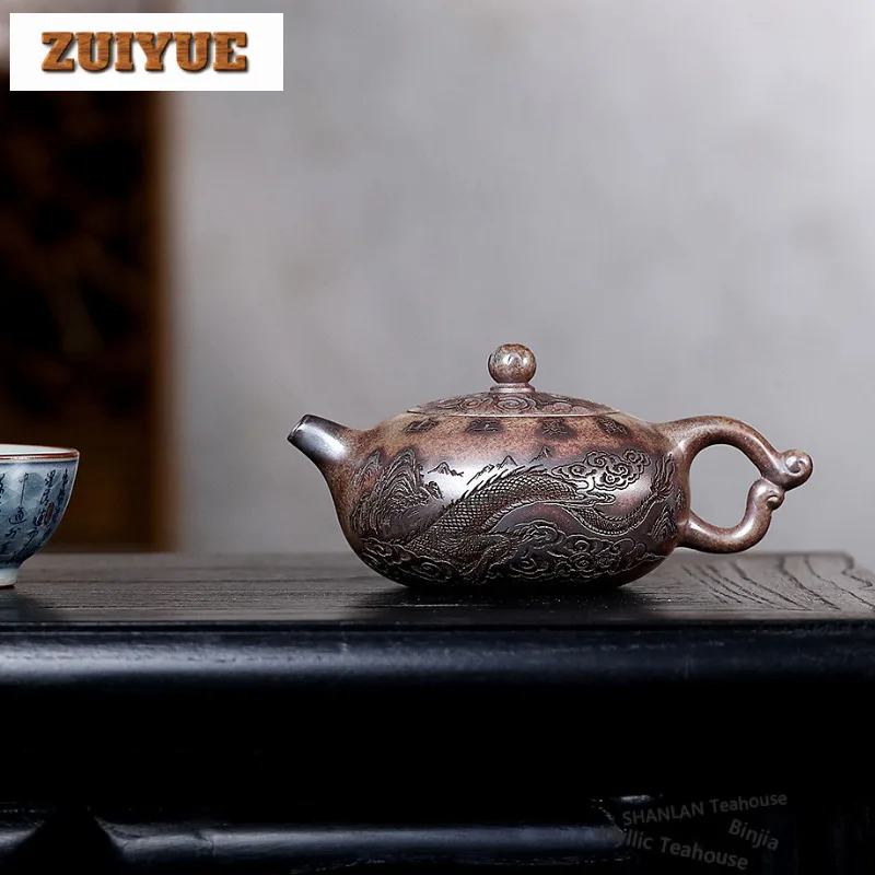 

200ml Aesthetic Yixing Purple Clay Teapots Master Handmade Dragon Xishi Pot Raw Ore Agilawood Section Mud Kettle Zisha Tea Set
