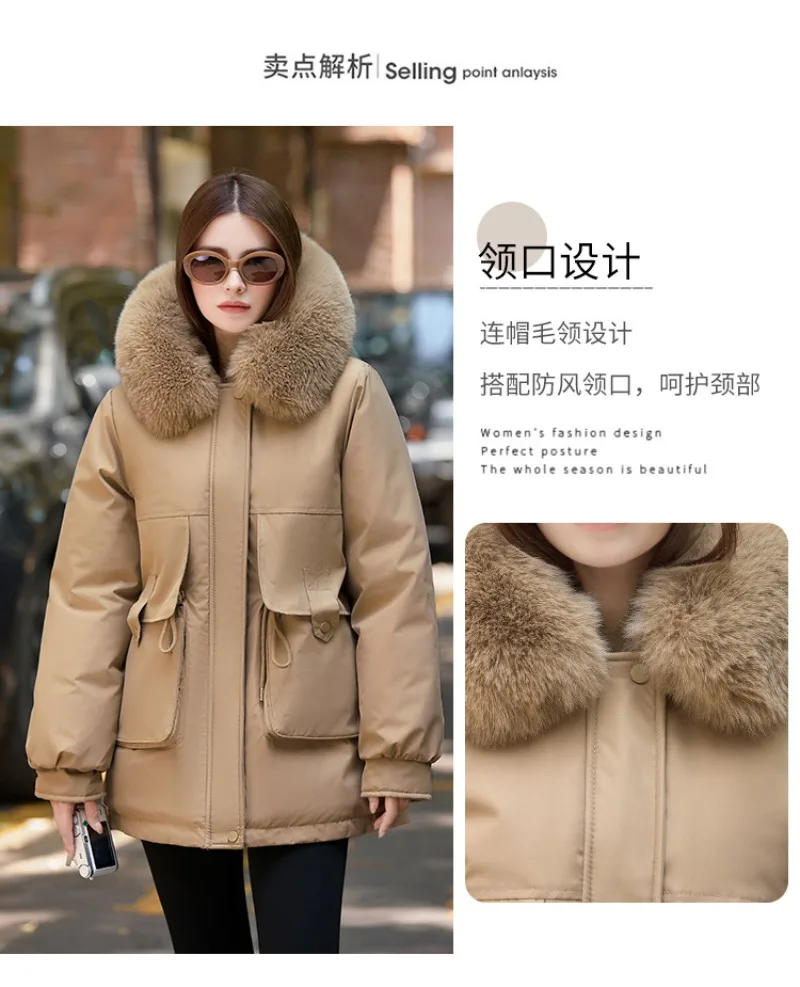 2026 Winter Jacket New Women Parka Clothes Mid Length Coat Wool Liner Hooded Jacket Fur Collar Thick Warm Snow Wear Padded Parka