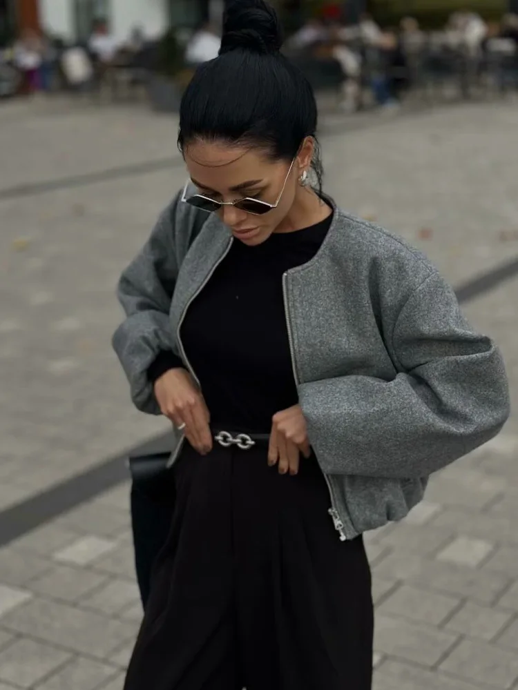 Gray Women Loose Bomber Jacket Vintage Round Neck Long Sleeve Short Coat High Street Autumn Winter Female Coat New In Outerwear
