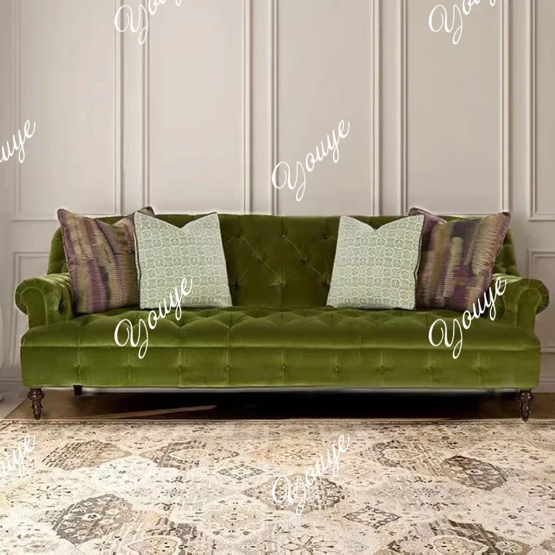 XM French Retro Sofa Olive Green Solid Wood Sofa American Small Apartment Velvet Buckle High Back Double Triple