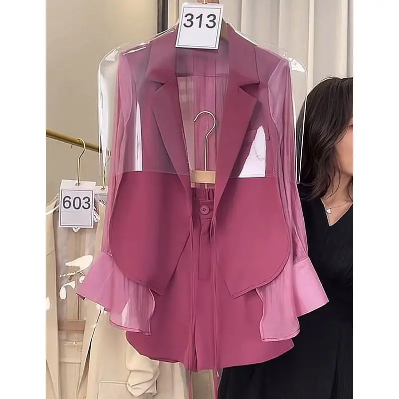 Patchwork Ruffled Short Suits Two Piece Set Women Thin Blazers Ropa Jacket Wide Leg Shorts Pant Lady Coat Korean New