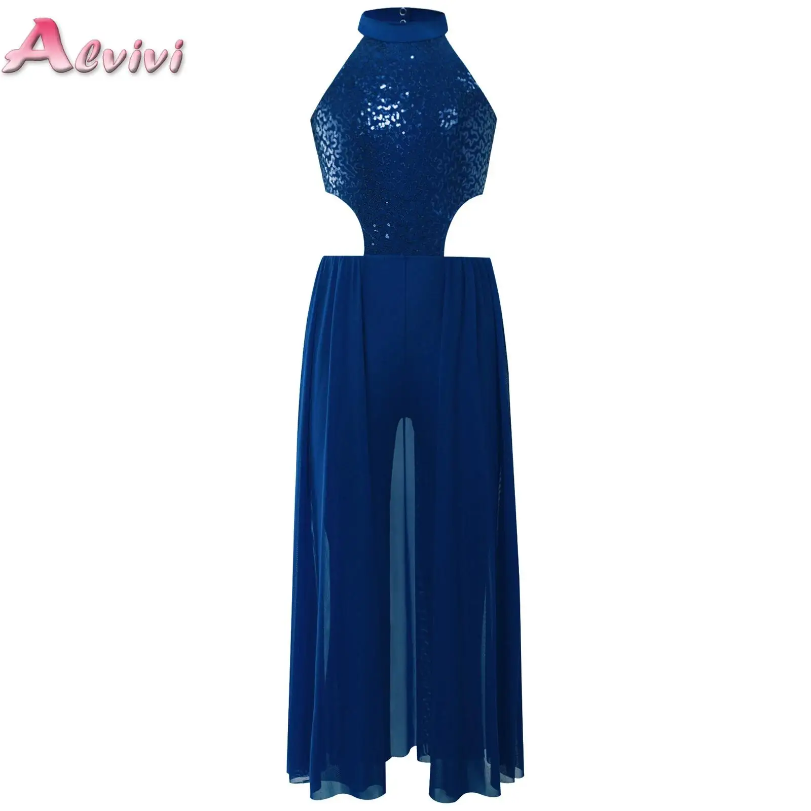 

Girls Sequins Jumpsuit Halter Gymnastic Ballet Dancewear Sleeveless Wide-Leg One-piece Dance Modern Contemporary Stage Costume