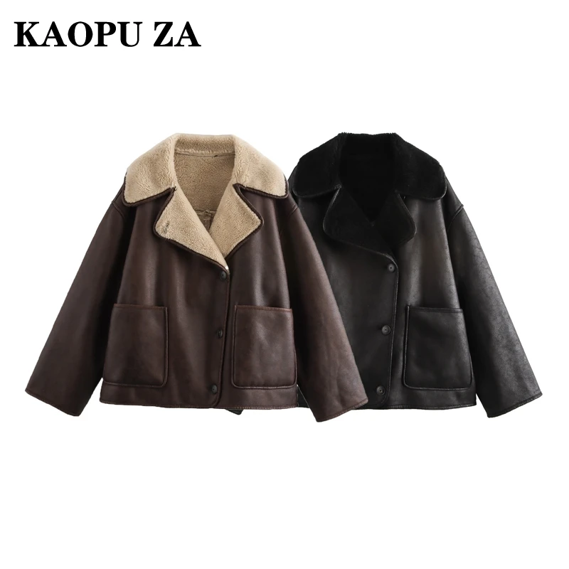 KAOPU ZA 2024 New Autumn Woman's Casual Turn-down Collar Long Sleeve Jacket Coat Vintage Solid Color Single-breasted Pockets Top