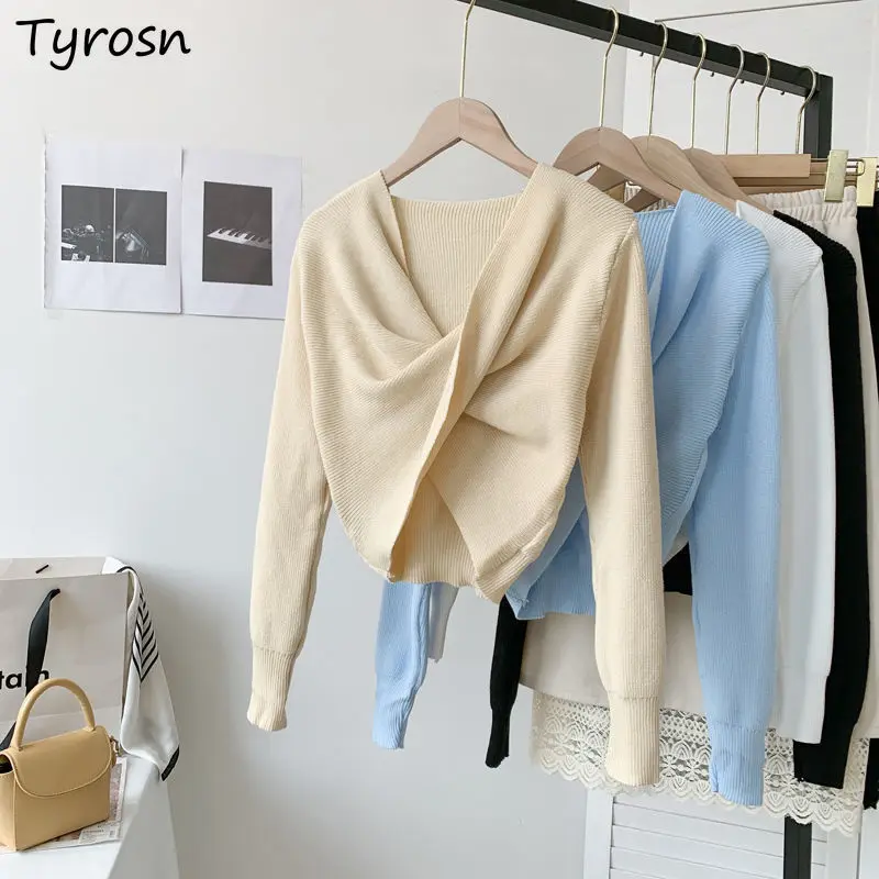 

Long Sleeve Pullovers Women Criss-Cross Knitted Cropped Hot Girls Korean Style Solid Buckle Crop Tops Chic Ins Sexy Elegant