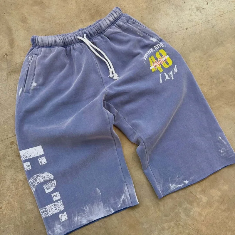 Herren Damen Gewaschene blaue Jogginghose, lockere, lässige lange Hose, Shorts, Grafik- und Buchstabendruck, Kordelzug, Streetwear, Y2K-Mode – Detail 4