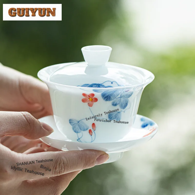 

120ml Hand-painted Campsis Grandiflora Gaiwan Luxury Tea Tureen Tea Bowl With Lid Kit Tea Maker Cover Bowl Tea Ceremony Gift